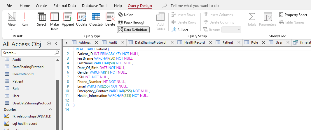 SQL definition for the patient table
