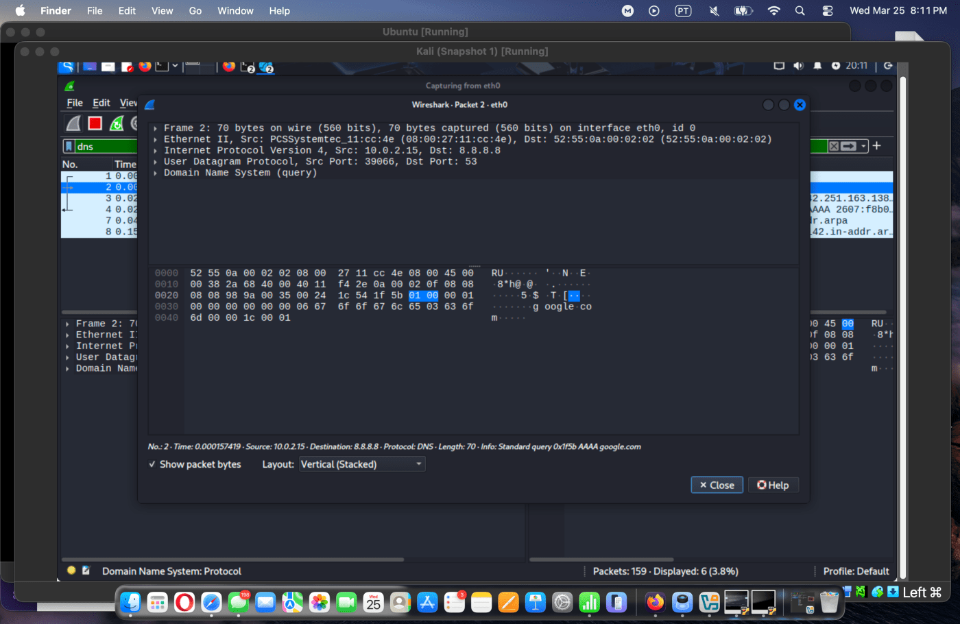 DNS traffic captured in Wireshark