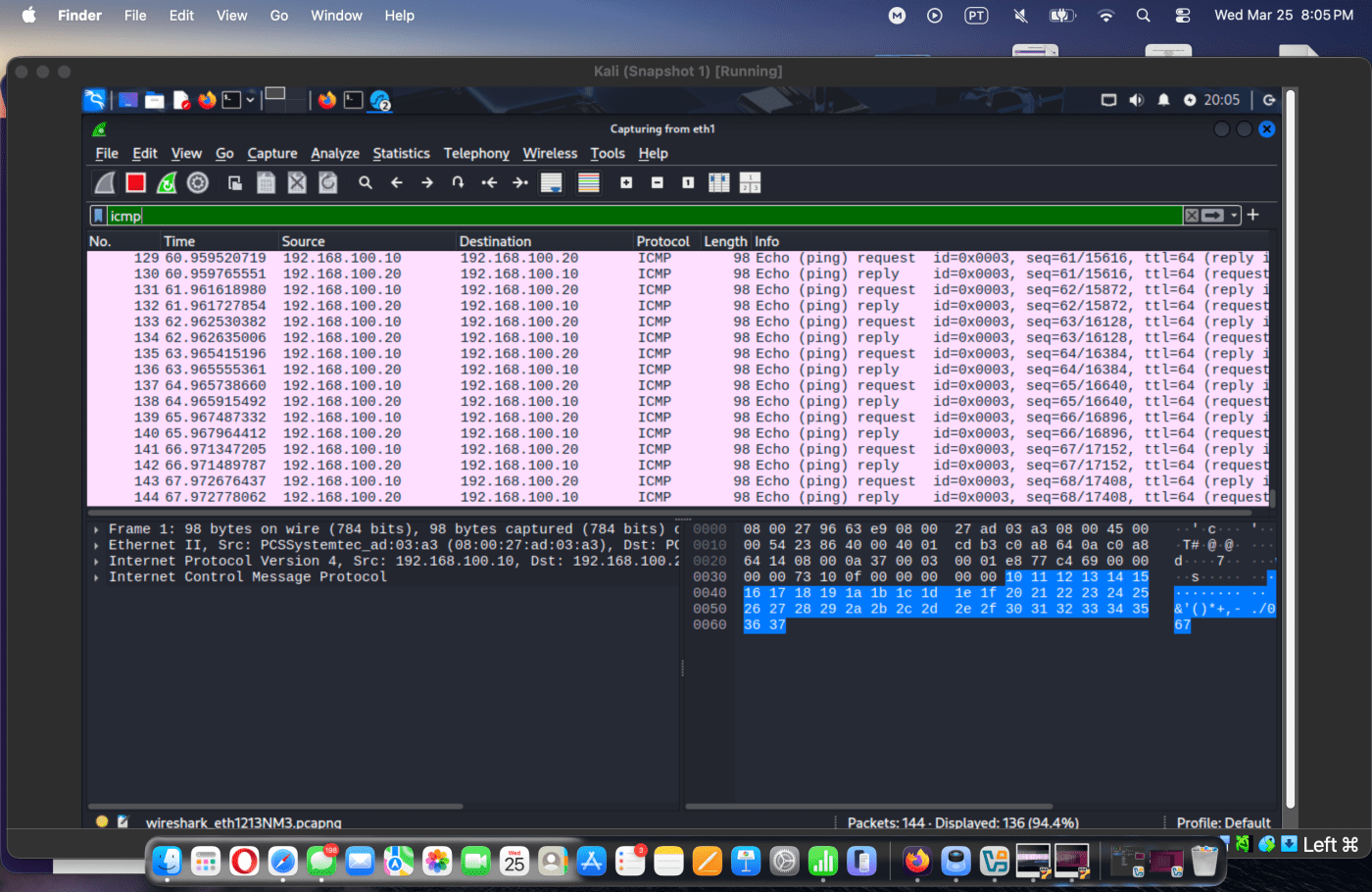 Wireshark capture from the virtual network