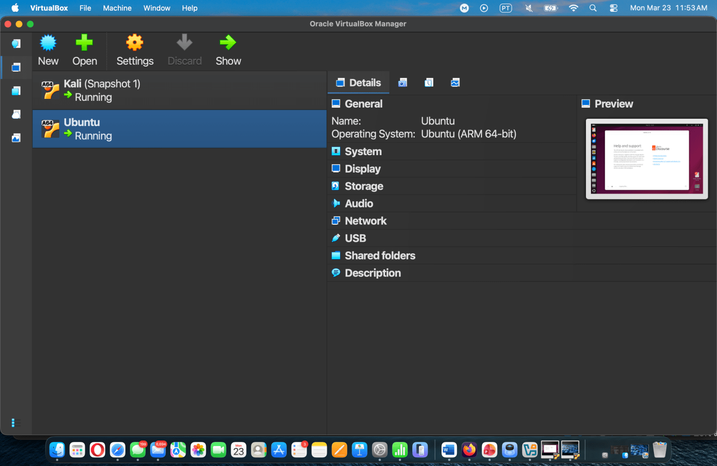 Ubuntu and Kali Linux virtual machines in VirtualBox