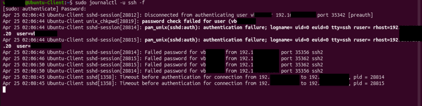 SSH logs with repeated authentication failures