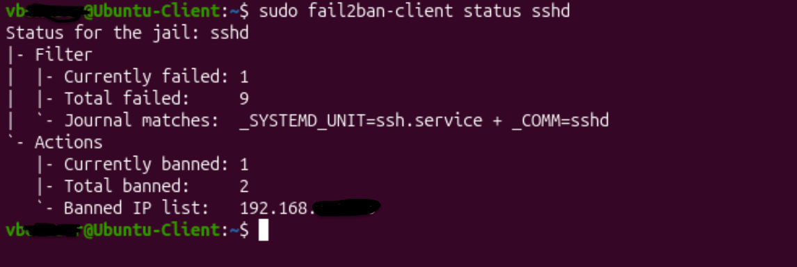 Fail2Ban jail status showing the detected and banned source