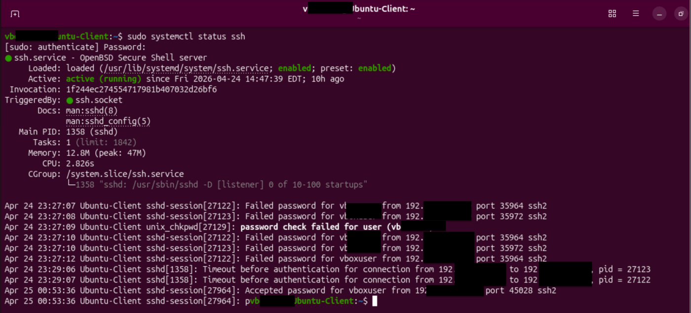 Ubuntu terminal showing the SSH service running